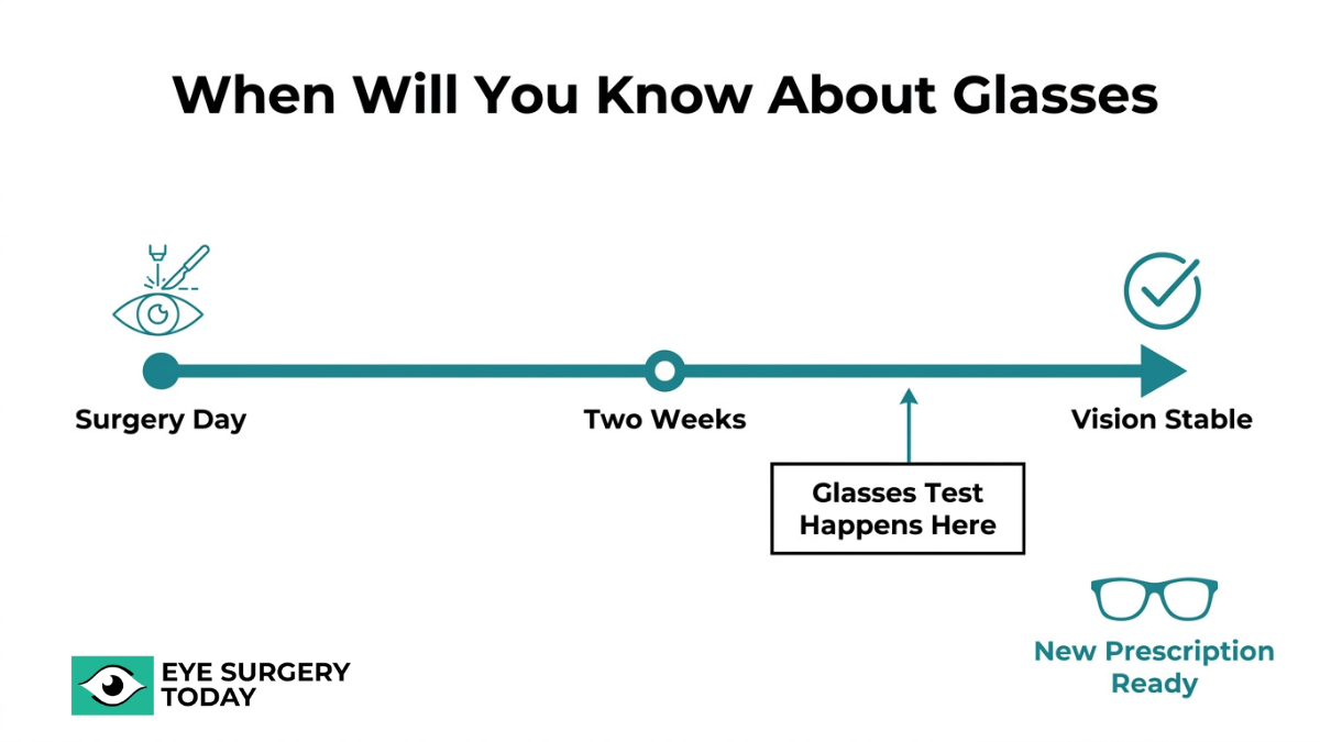 Timeline showing when you can get glasses after cataract surgery with vision stabilizing and prescription ready after two weeks
