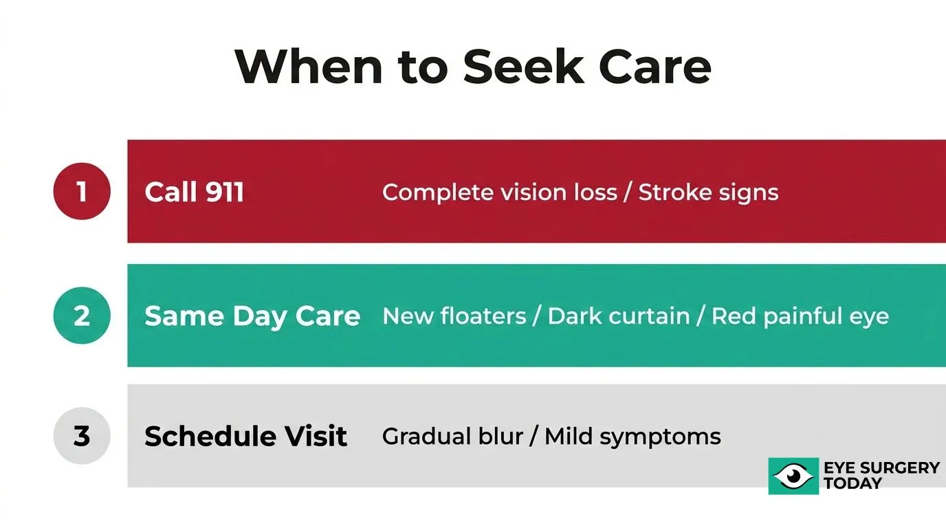 When to seek care for sudden vision changes, including calling 911 for complete vision loss or stroke signs, same-day care for new floaters or a dark curtain, and scheduled care for gradual blur or mild symptoms