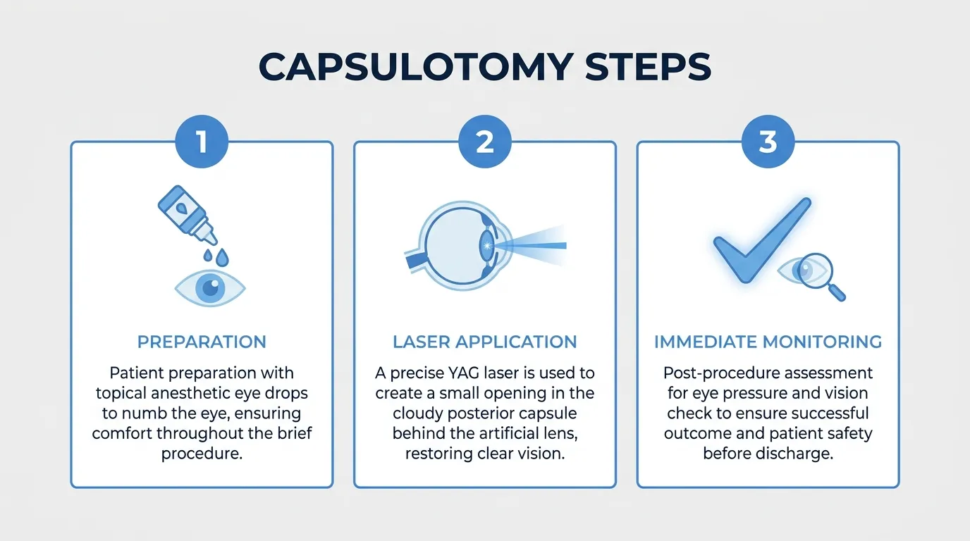 YAG capsulotomy procedure steps showing eye preparation with anesthetic drops, laser application to the cloudy posterior capsule, and post-procedure monitoring.