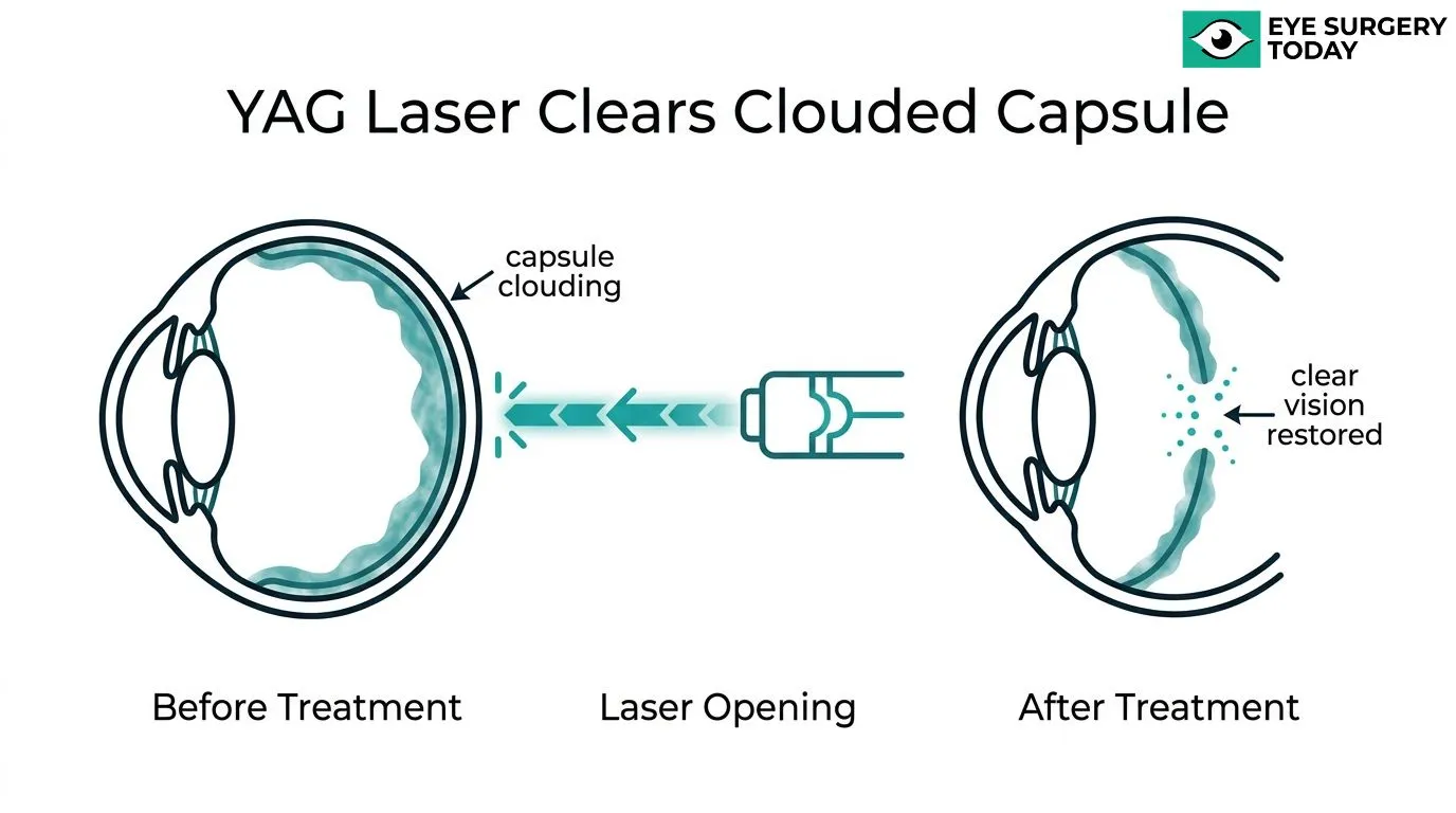 Diagram showing YAG laser capsulotomy creating an opening in a clouded posterior capsule to restore clearer vision.