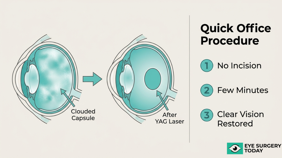 YAG laser capsulotomy procedure showing treatment of cloudy capsule to restore clear vision after cataract surgery