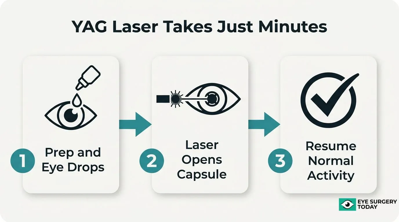 Three-step YAG laser procedure showing preparation with eye drops, laser opening of the capsule, and return to normal activity.