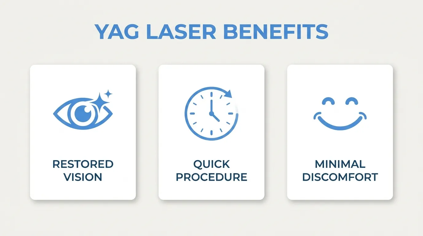Key benefits of YAG laser treatment, including restored vision, a quick procedure, and minimal discomfort.