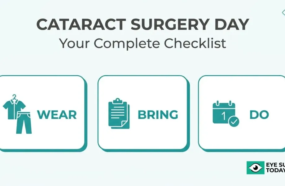 Cataract surgery day checklist showing what to wear, what to bring, and tasks to complete before surgery