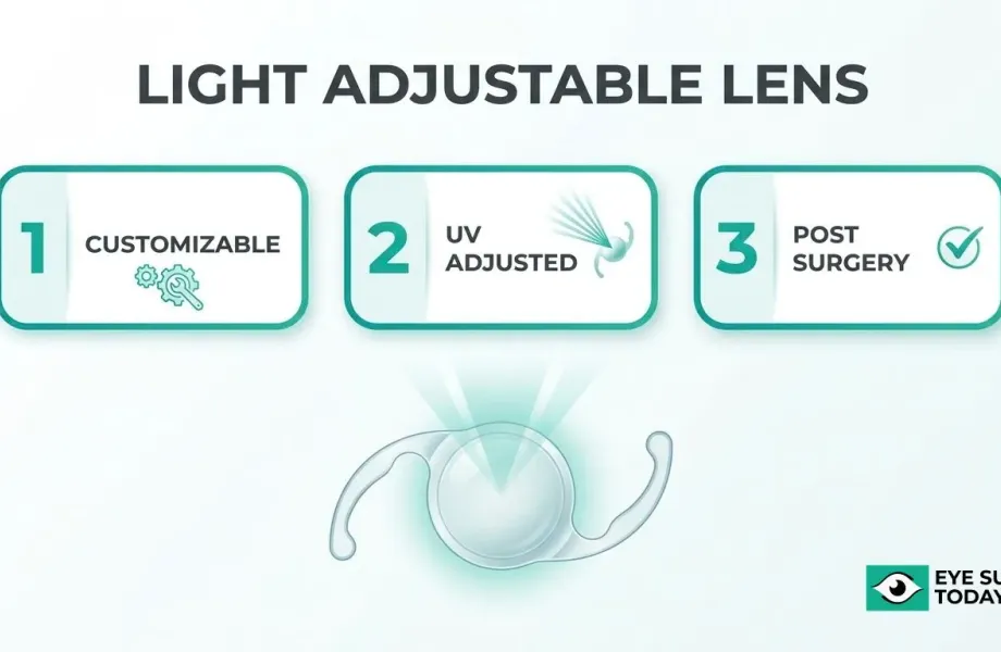 Illustration explaining light adjustable lenses used after cataract surgery with customizable UV-based lens adjustments