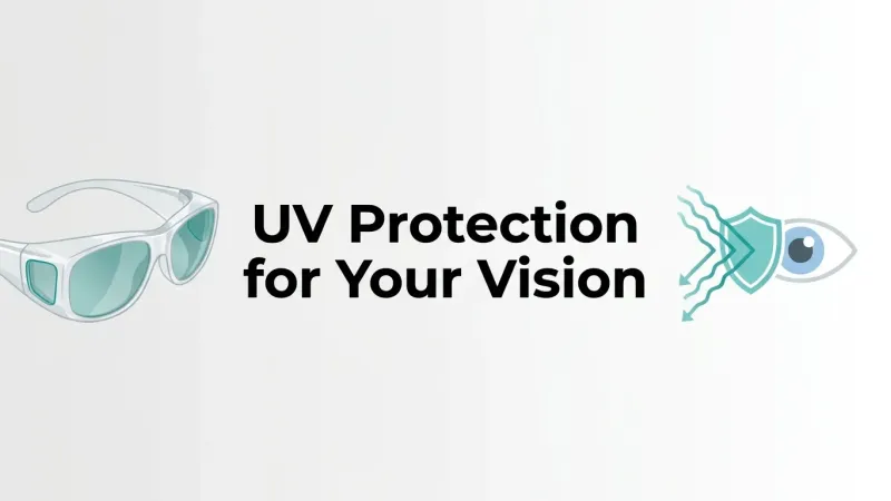 UV protection for vision showing sunglasses and a shield icon protecting the eye from harmful ultraviolet rays.