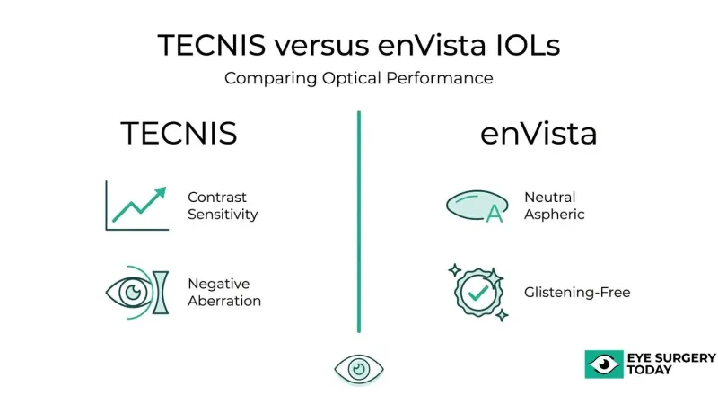 TECNIS versus enVista IOL comparison showing contrast sensitivity, negative aberration correction, neutral aspheric design, and glistening-free optics