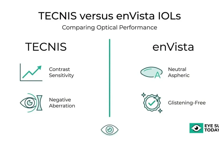 TECNIS versus enVista IOL comparison showing contrast sensitivity, negative aberration correction, neutral aspheric design, and glistening-free optics