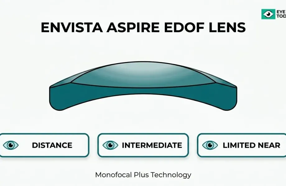 enVista Aspire EDOF lens overview showing distance, intermediate, and limited near vision with monofocal plus technology