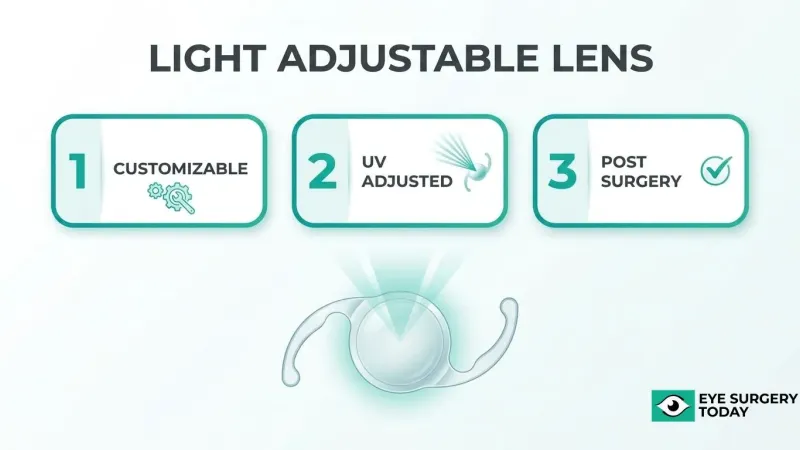 Illustration explaining light adjustable lenses used after cataract surgery with customizable UV-based lens adjustments