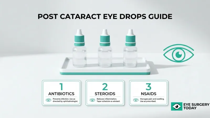 Post-cataract eye drops guide showing antibiotics to prevent infection, steroids to reduce inflammation, and NSAIDs to manage pain and swelling.
