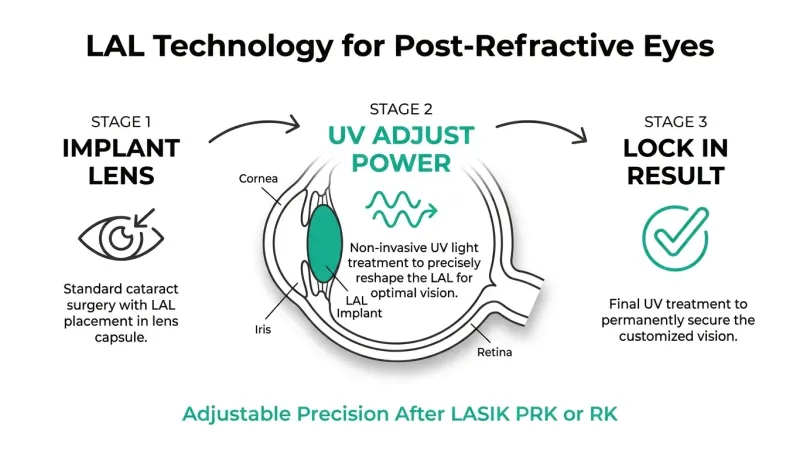 Light Adjustable Lens technology stages for post-refractive eye vision correction.