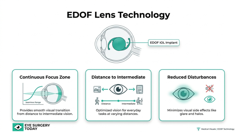 EDOF lens technology illustration showing continuous focus zone, distance to intermediate vision optimization, and reduced glare and halos.