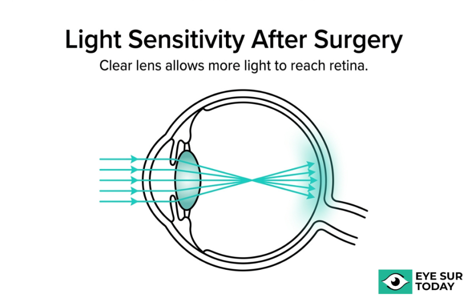 Diagram showing how a clear intraocular lens allows more light to reach the retina after cataract surgery