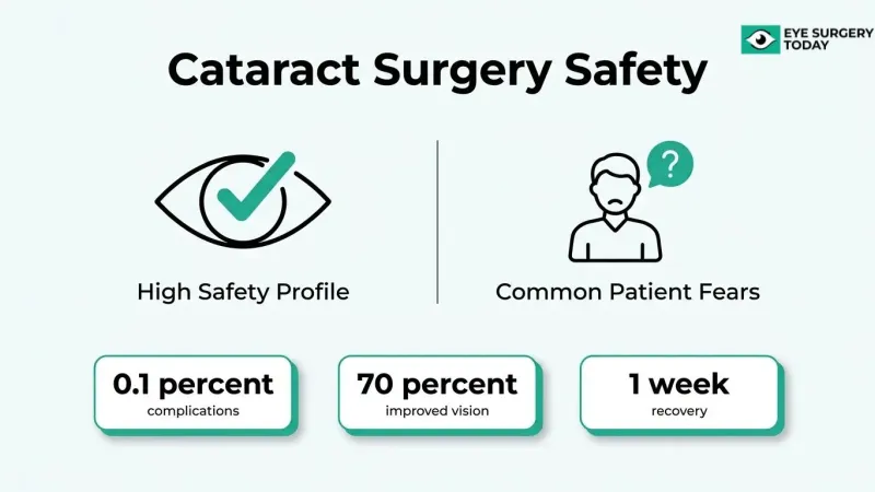 Cataract surgery safety overview showing potential complications, recovery time, and common patient concerns