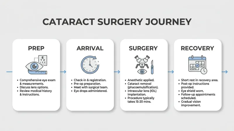 Cataract surgery journey showing preparation, arrival, surgery, and recovery stages from eye examination through follow-up care.