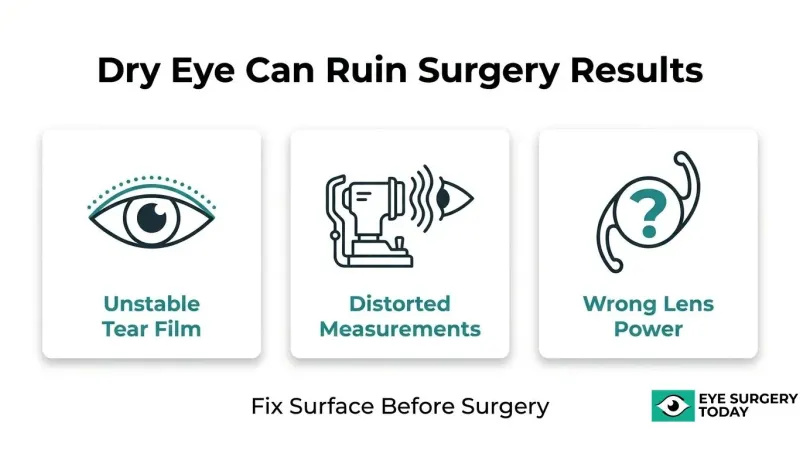 Illustration showing how dry eye may affect cataract surgery measurements through unstable tear film and distorted measurements
