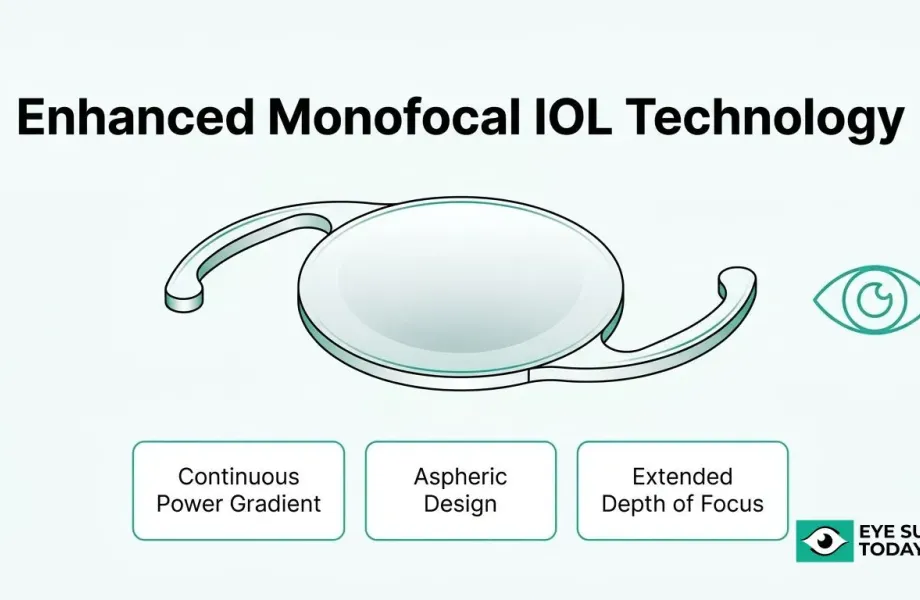 TECNIS Eyhance enhanced monofocal IOL technology showing continuous power gradient, aspheric design, and extended depth of focus