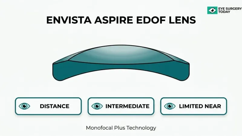 enVista Aspire EDOF lens overview showing distance, intermediate, and limited near vision with monofocal plus technology