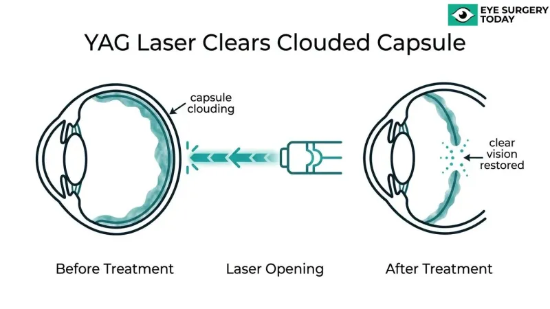 Diagram showing YAG laser capsulotomy creating an opening in a clouded posterior capsule to restore clearer vision.