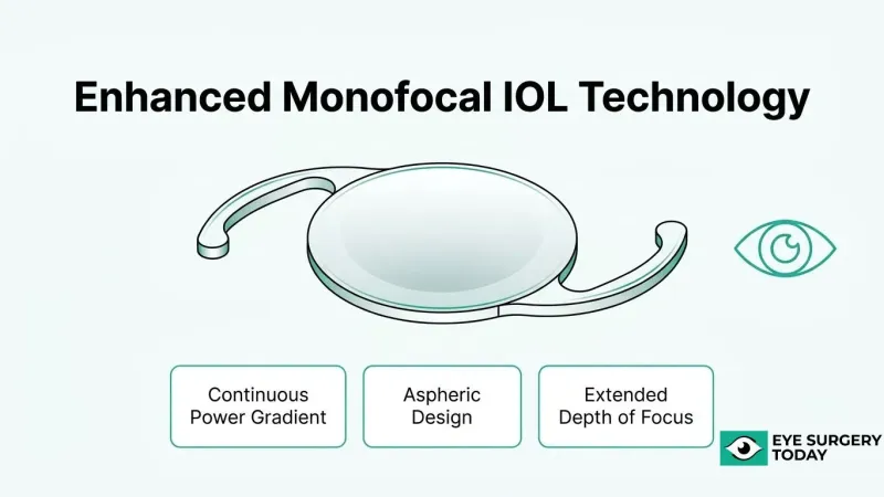 TECNIS Eyhance enhanced monofocal IOL technology showing continuous power gradient, aspheric design, and extended depth of focus