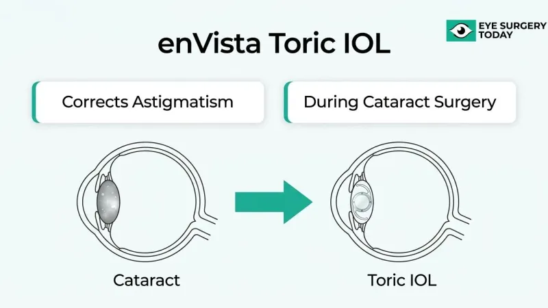 enVista Toric IOL diagram showing how the lens corrects astigmatism during cataract surgery