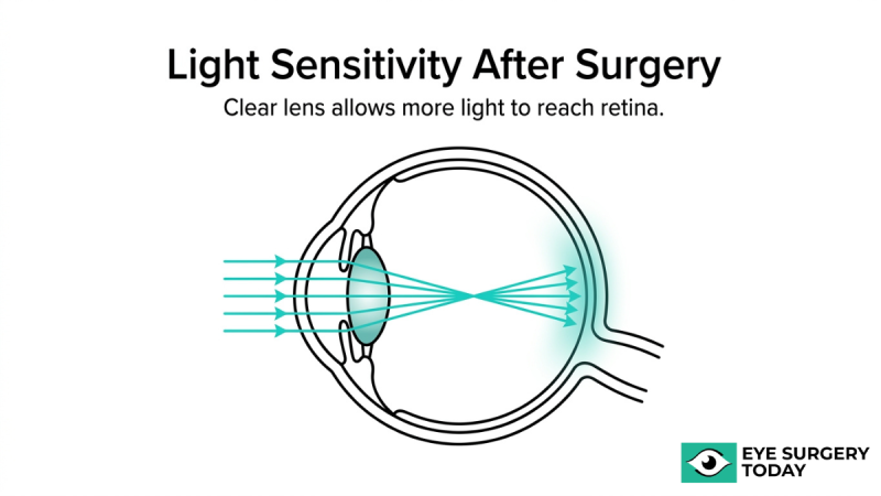 Diagram showing how a clear intraocular lens allows more light to reach the retina after cataract surgery