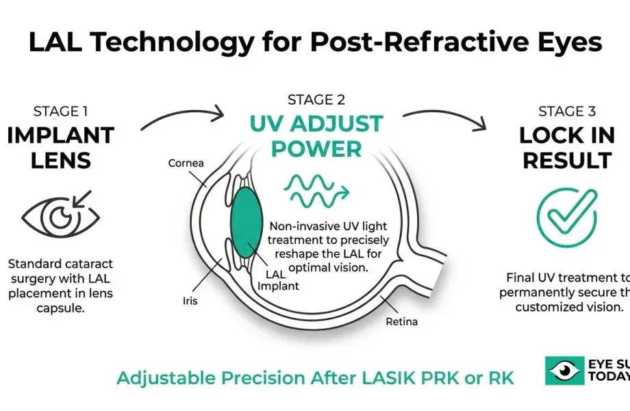 Light adjustable lens technology for post-refractive eyes showing lens implantation, UV power adjustment, and final vision lock-in process