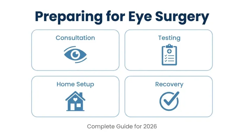 Preparing for eye surgery guide covering consultation, diagnostic testing, home setup, and recovery planning.
