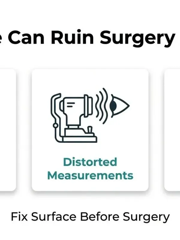 Illustration showing how dry eye may affect cataract surgery measurements through unstable tear film and distorted measurements