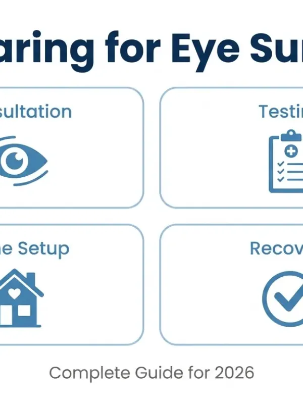 Preparing for eye surgery guide covering consultation, diagnostic testing, home setup, and recovery planning.