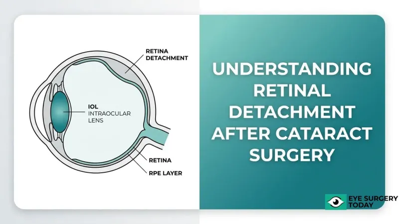 Diagram explaining retinal detachment after cataract surgery, showing the retina, RPE layer, and intraocular lens.