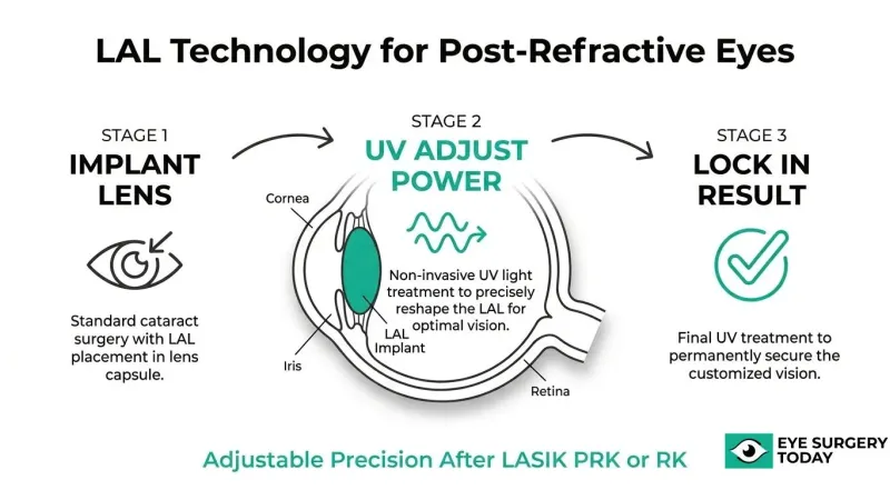 Light adjustable lens technology for post-refractive eyes showing lens implantation, UV power adjustment, and final vision lock-in process