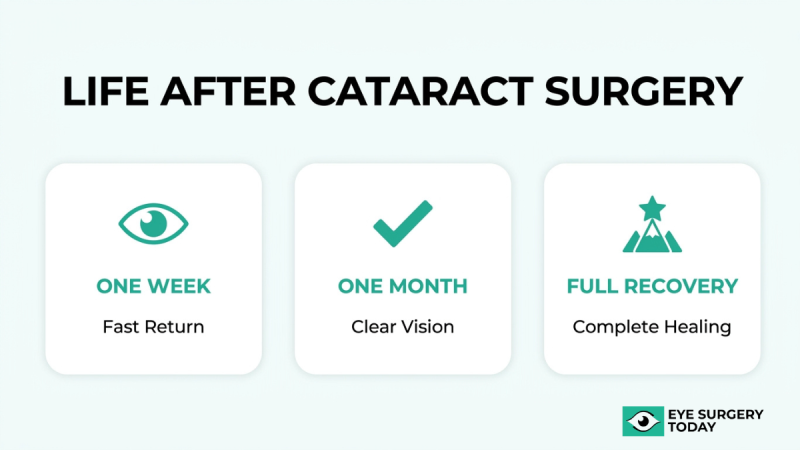 Life after cataract surgery showing vision improvement timeline from one week recovery to one month clarity and full healing