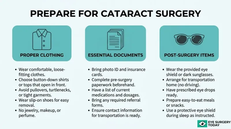 Cataract surgery preparation guide covering proper clothing, essential documents, transportation, eye protection, and post-surgery items.