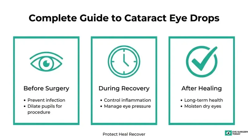 Guide to cataract surgery eye drops before surgery, during recovery, and after healing, including infection prevention, inflammation control, and dry eye relief