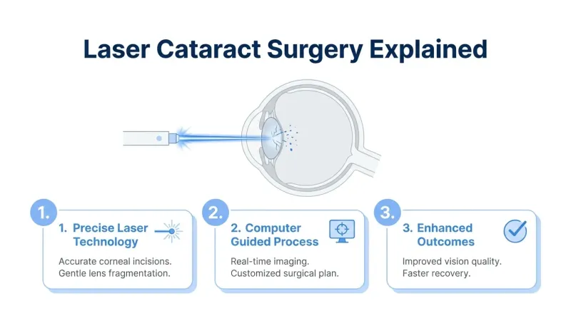 Laser cataract surgery diagram showing precise laser technology, a computer-guided process, and improved visual outcomes with faster recovery.