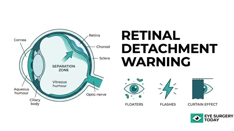 Retinal detachment diagram showing retinal separation and warning signs including floaters, flashes, and a curtain over vision