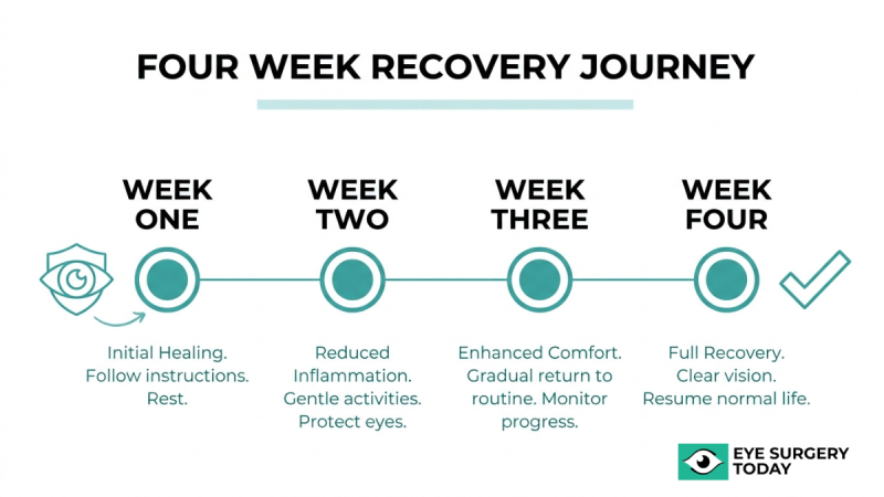 Four week cataract surgery recovery timeline showing healing progress from initial rest to full recovery and clear vision