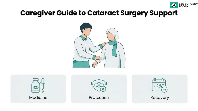 Caregiver guide to cataract surgery support covering medication, eye protection, and recovery assistance.