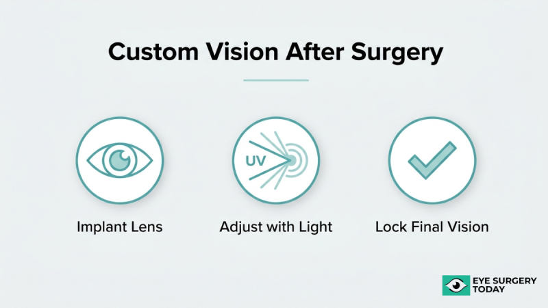 Custom vision process after cataract surgery using light adjustable lens with implantation, light adjustments, and final vision lock-in