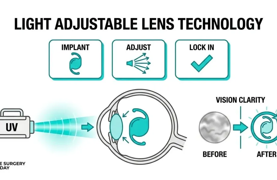Light adjustable lens technology overview showing lens implantation, UV-based adjustment, lock-in, and changes in vision clarity