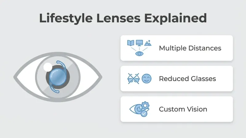 Lifestyle lenses for cataract surgery designed to provide vision at multiple distances, reduce dependence on glasses, and customize visual outcomes.