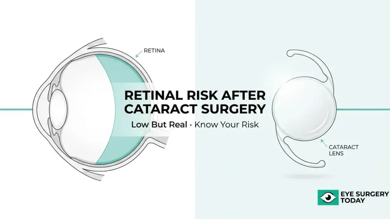 Diagram showing retinal detachment risk after cataract surgery and the relationship between the retina and cataract lens.