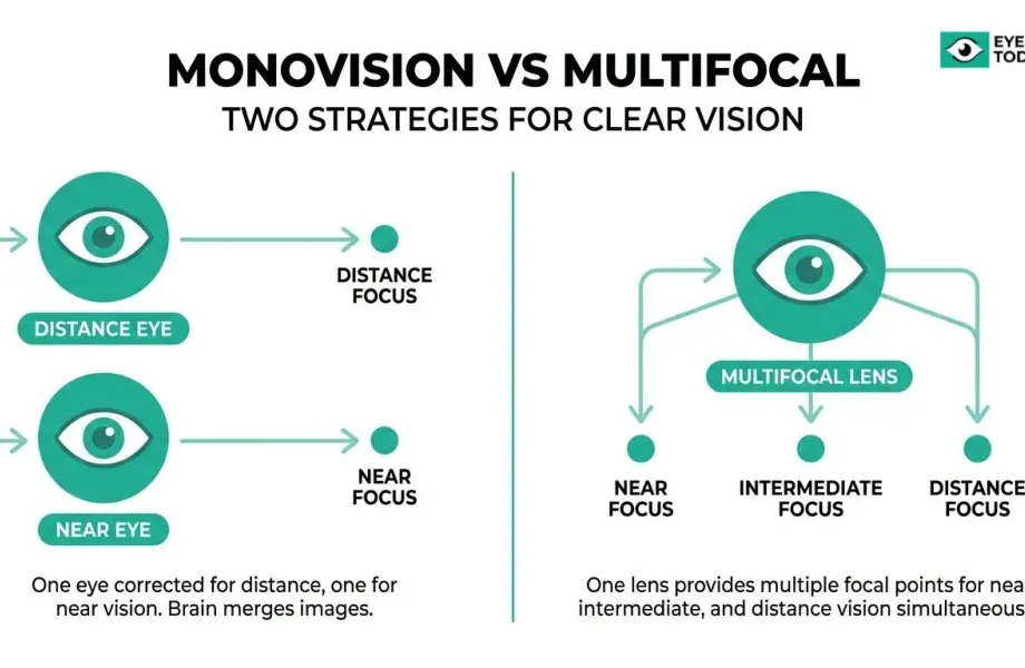 Monovision versus multifocal lenses comparison showing separate distance and near focus versus multiple focal points