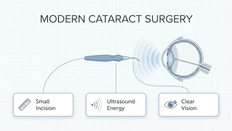 Modern phacoemulsification cataract surgery using a small incision and ultrasound energy to remove the cloudy lens and restore clear vision.