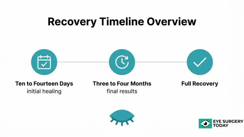 Cosmetic eye surgery recovery timeline showing initial healing in 10 to 14 days, final results in three to four months, and full recovery afterward.