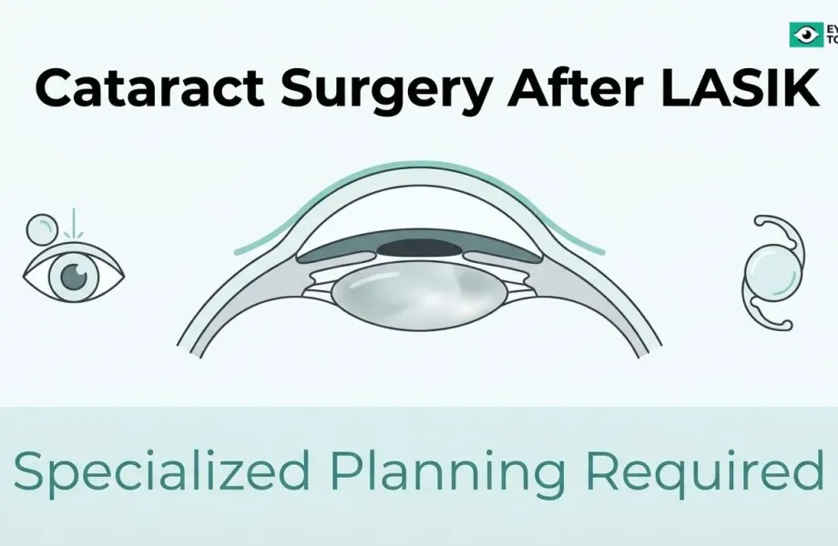 Illustration showing cataract surgery after LASIK and the need for specialized planning due to changes in the cornea