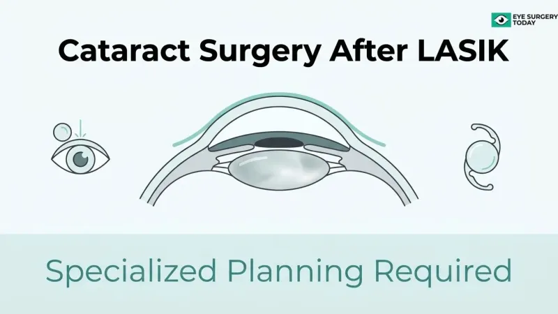 Illustration showing cataract surgery after LASIK and the need for specialized planning due to changes in the cornea