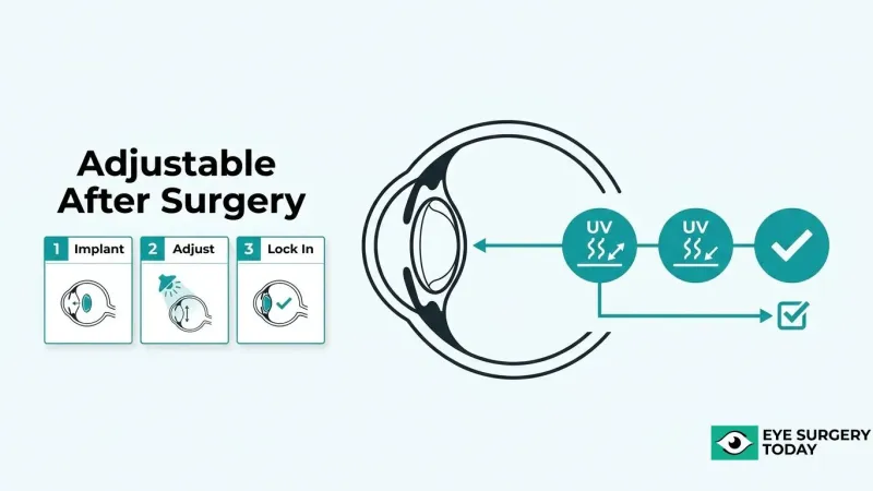 Light Adjustable Lens process showing lens implantation, postoperative UV light adjustments, and final lock-in of the customized lens power.